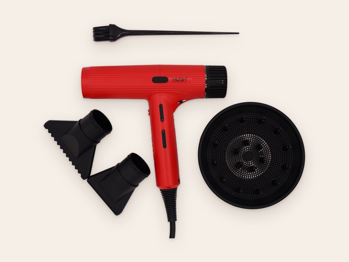 HUSH Runway HU600 hair dryer in red with smoothing nozzle, styling concentrator, diffuser, and cleaning brush